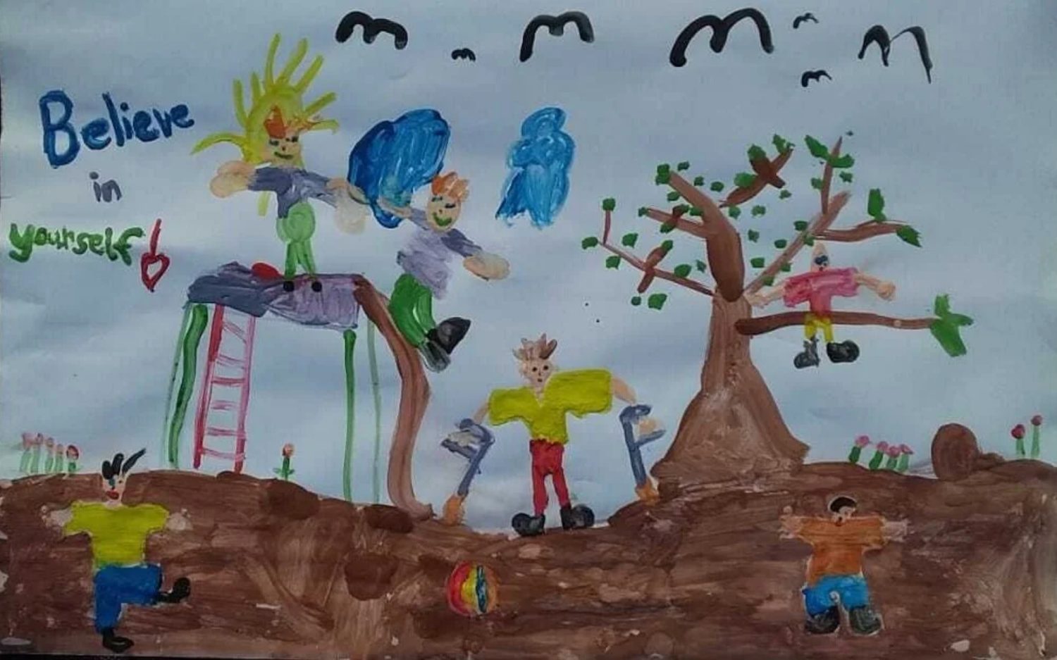 Child's painting of kids playing on a playground — 'Believe in yourself'