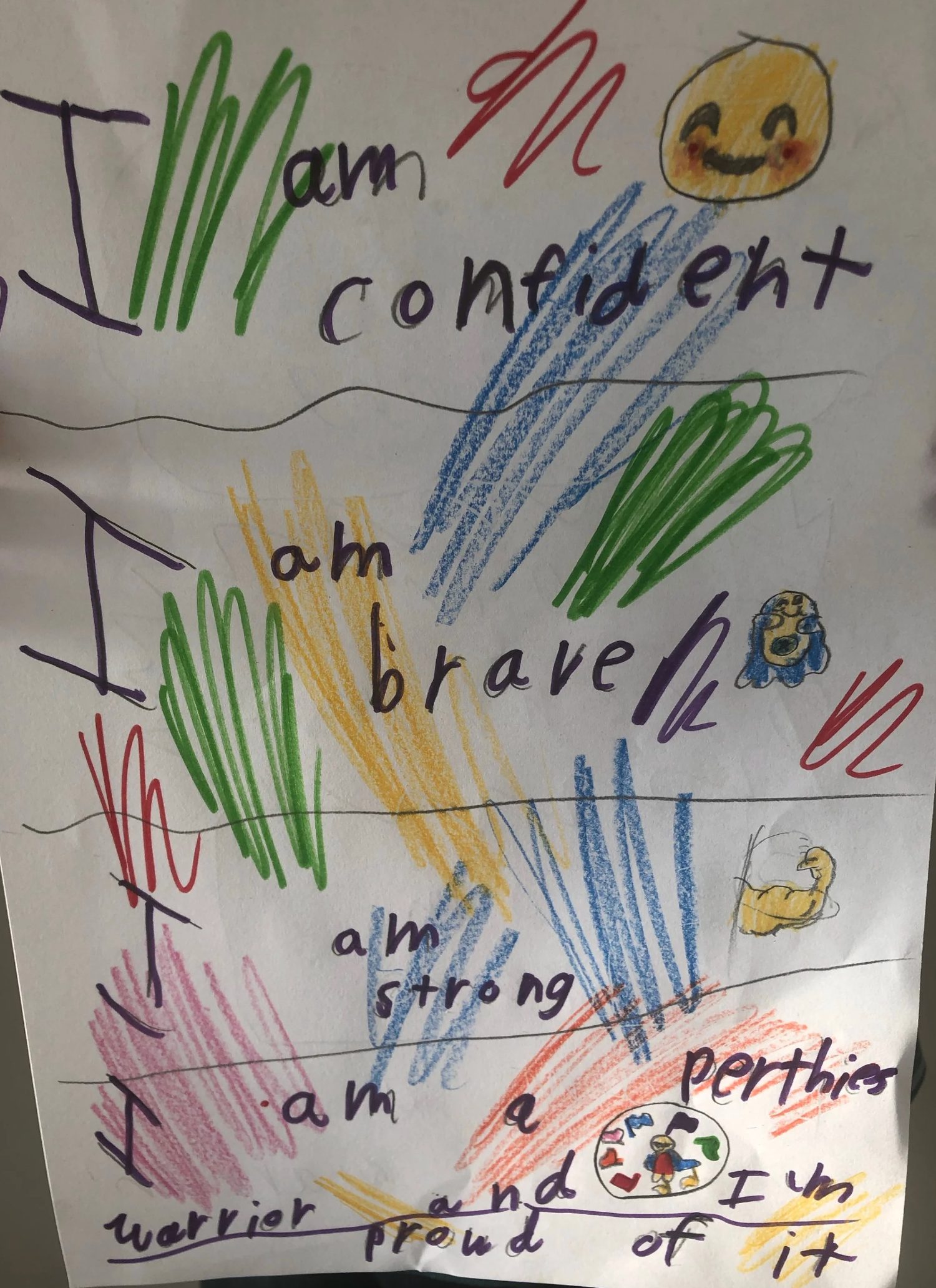 Child's drawing — 'I am confident, I am brave, I am strong, I am a Perthes warrior and I'm proud of it'